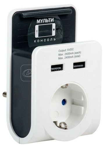 Адаптер с подставкой с заземлением IEK Т-02/01 1-м+2xUSB тип A+A 2400мА белый картинка 